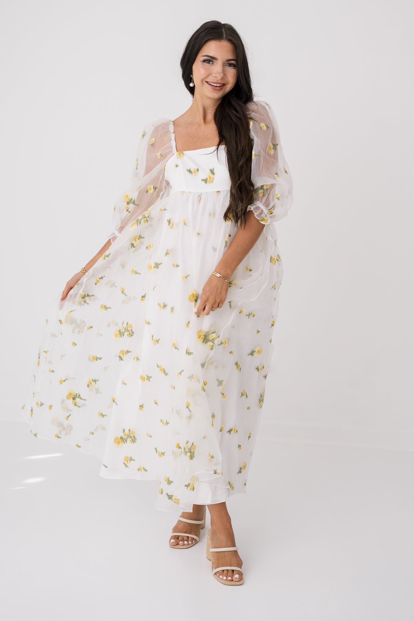 Yellow Daisy Embroidered Midi Baby Doll Dress Little White Dress