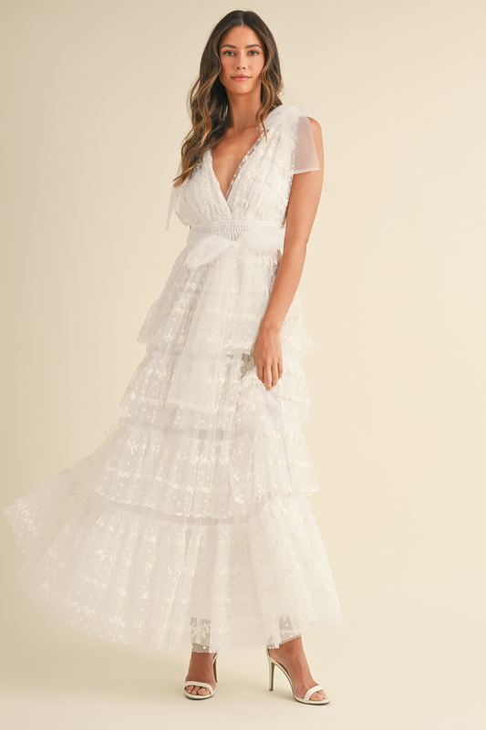 Dot Lace Mesh Tiered Ruffel Maxi Dress