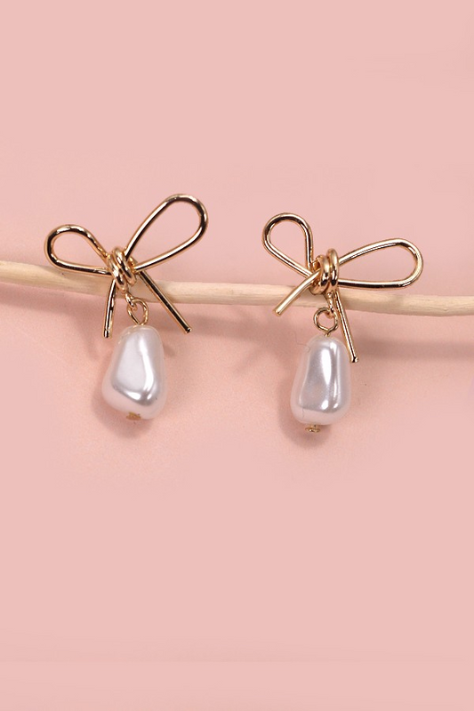 Pearl Dangle Gold Bow Drop Earrings