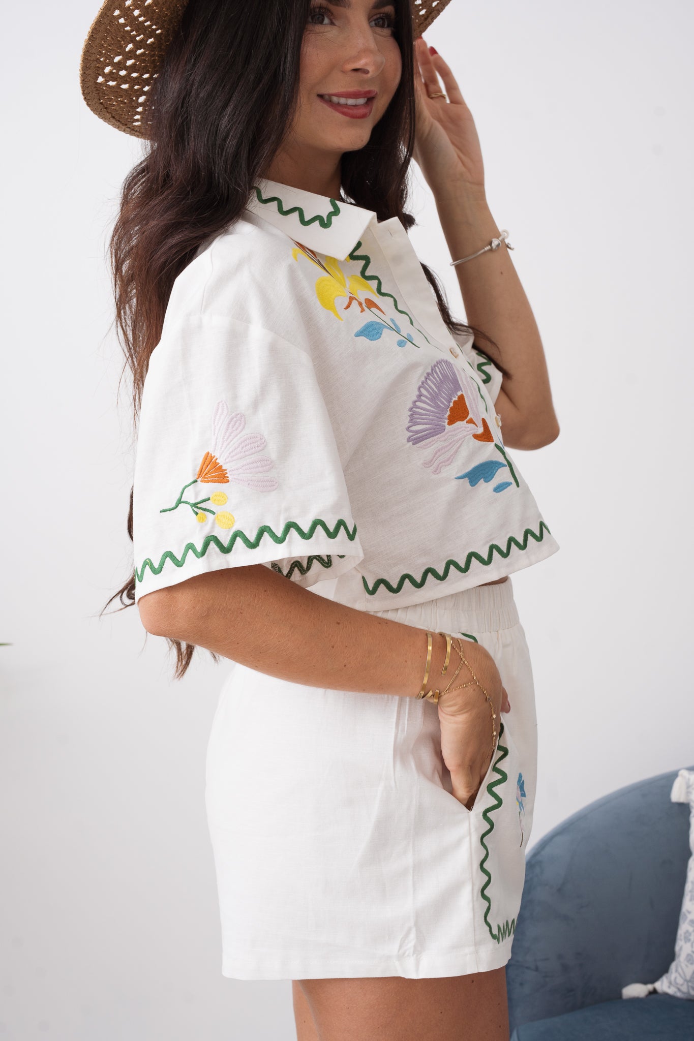 Embroidered Crop Button Shirt and Short Set