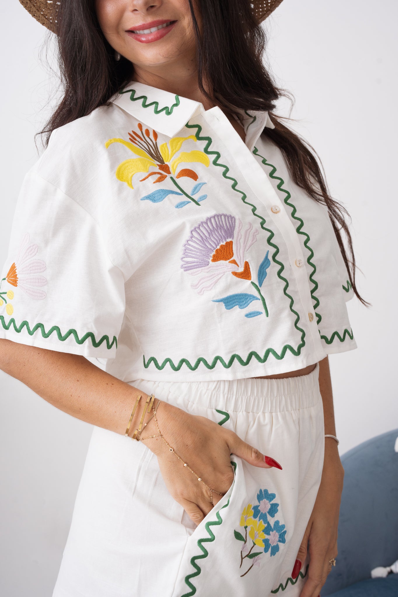 Embroidered Crop Button Shirt and Short Set