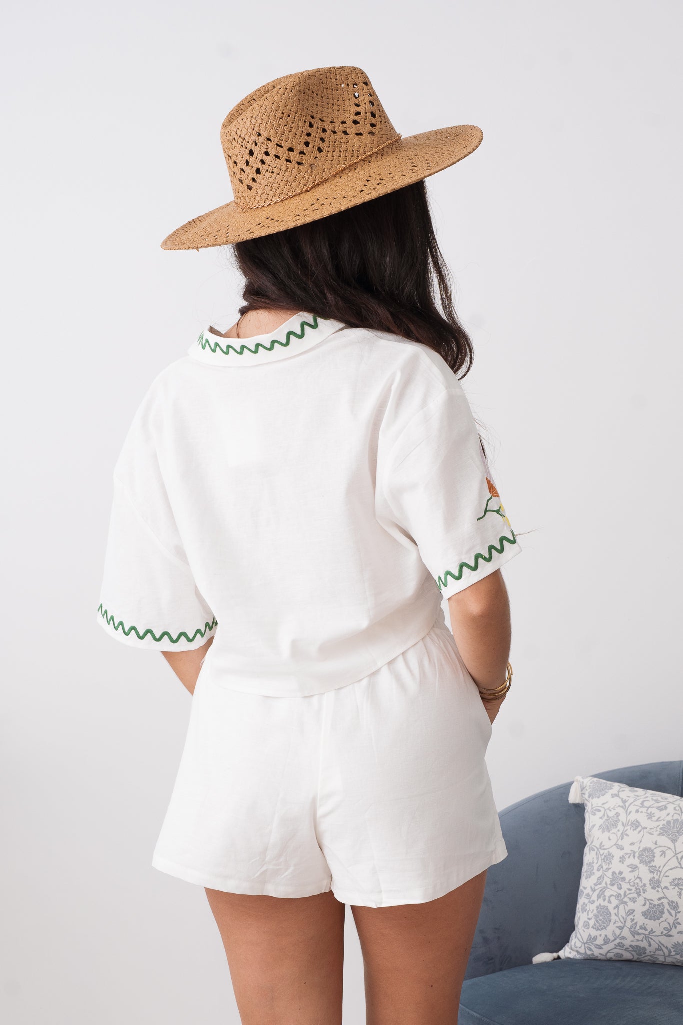 Embroidered Crop Button Shirt and Short Set