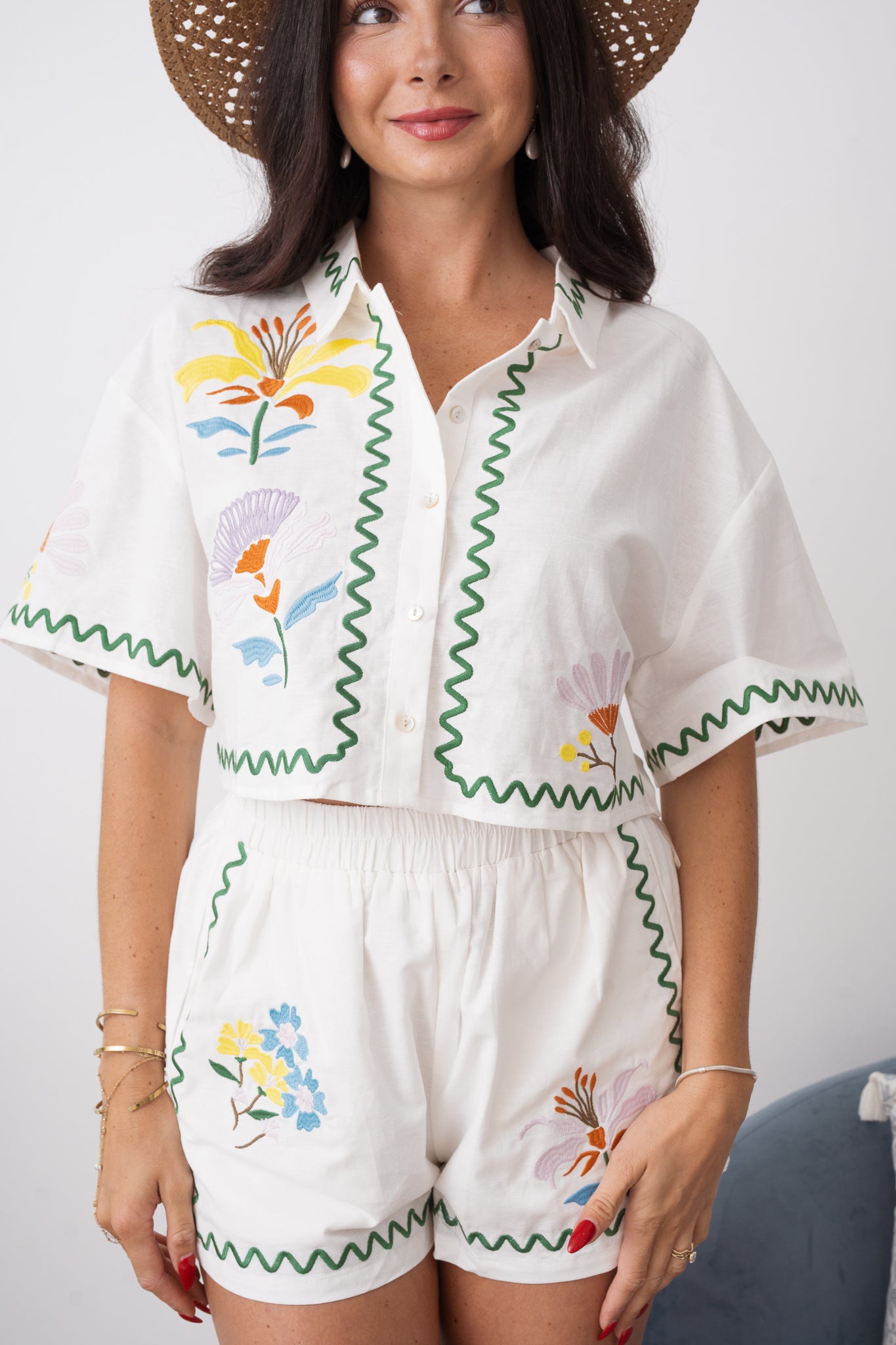 Embroidered Crop Button Shirt and Short Set