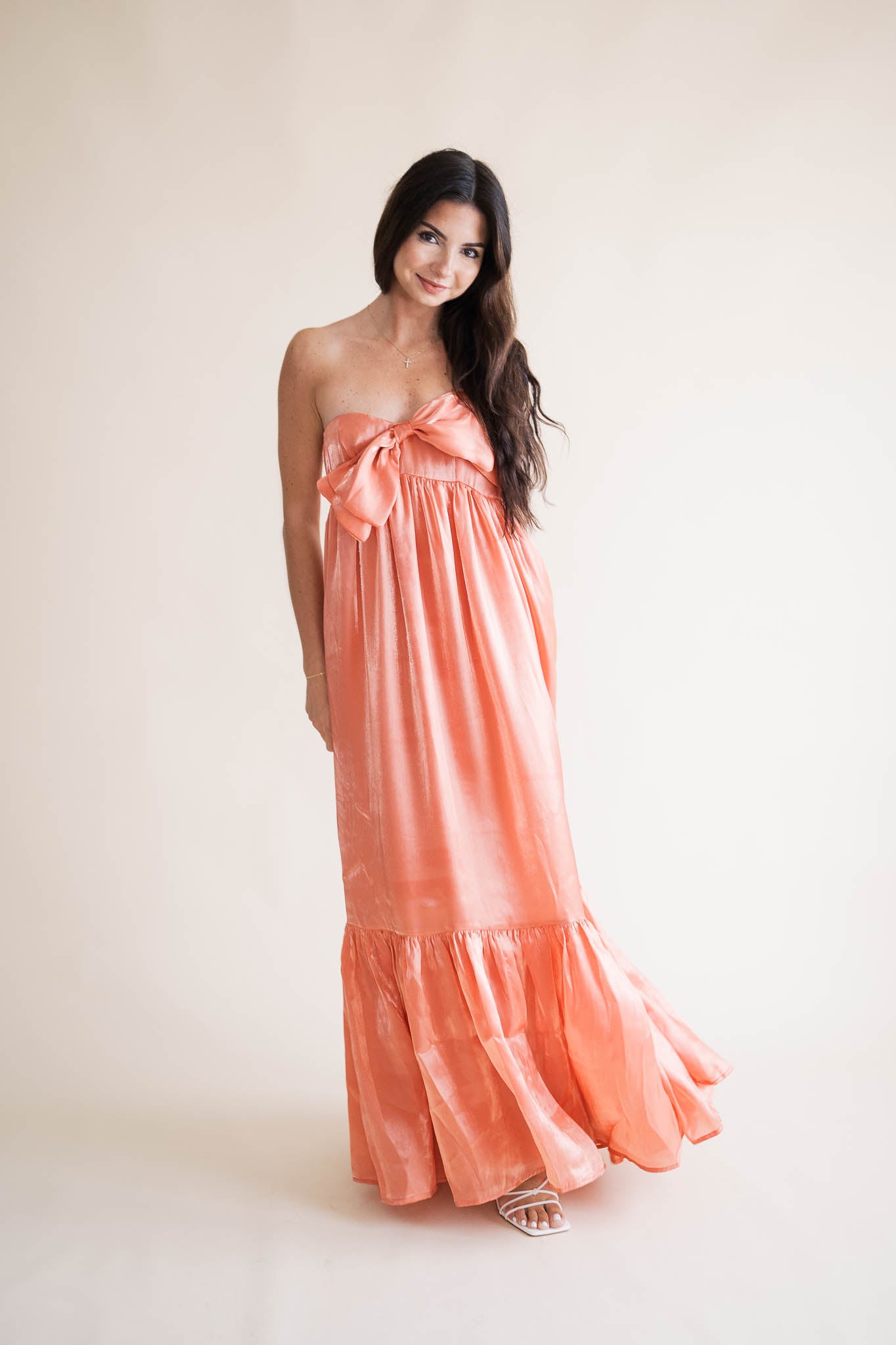 Apricot Satin Bow Maxi Dress – Little White Dress