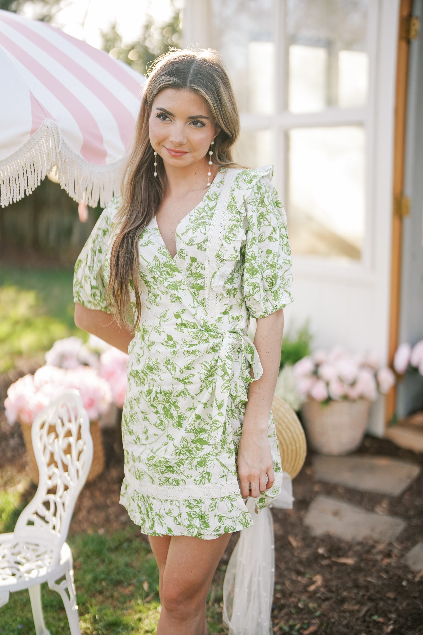 Cream and Green Floral Wrap Dress Little White Dress